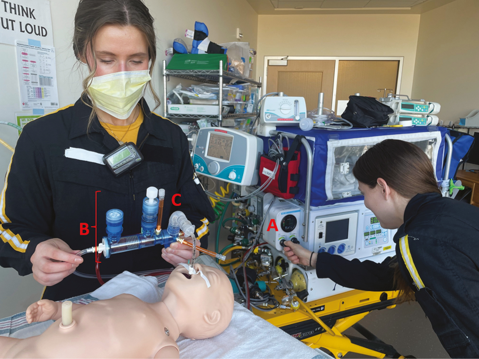 Transport team utilizing the HFTv. (A) TXP-2D with digital display of the ventilator parameters and controls for amplitude and frequency. (B) Phasitron breathing circuit with positive and expiratory pressure control. (C) Endotracheal tube extender.