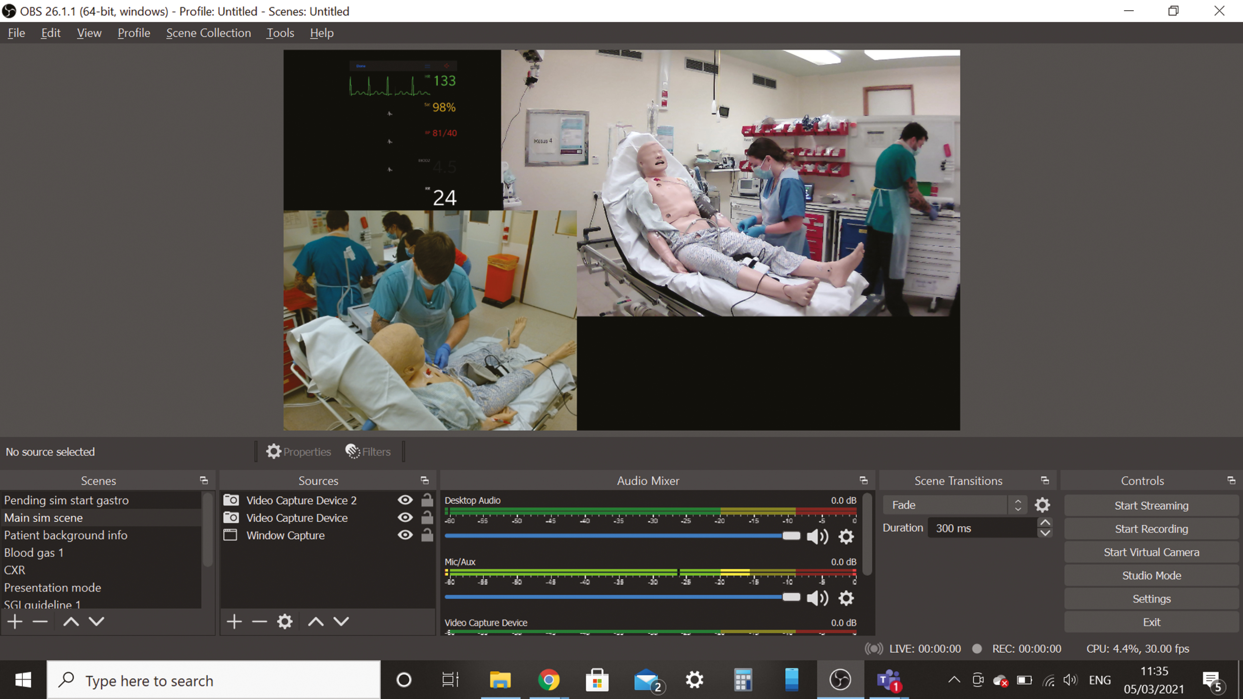 The view in Obs Studio during a simulation. ‘Scenes’ could be switched in the bottom left of the screen allowing simulated results to be shown. This view was projected using ‘VirtualCamera’ into Microsoft Teams.